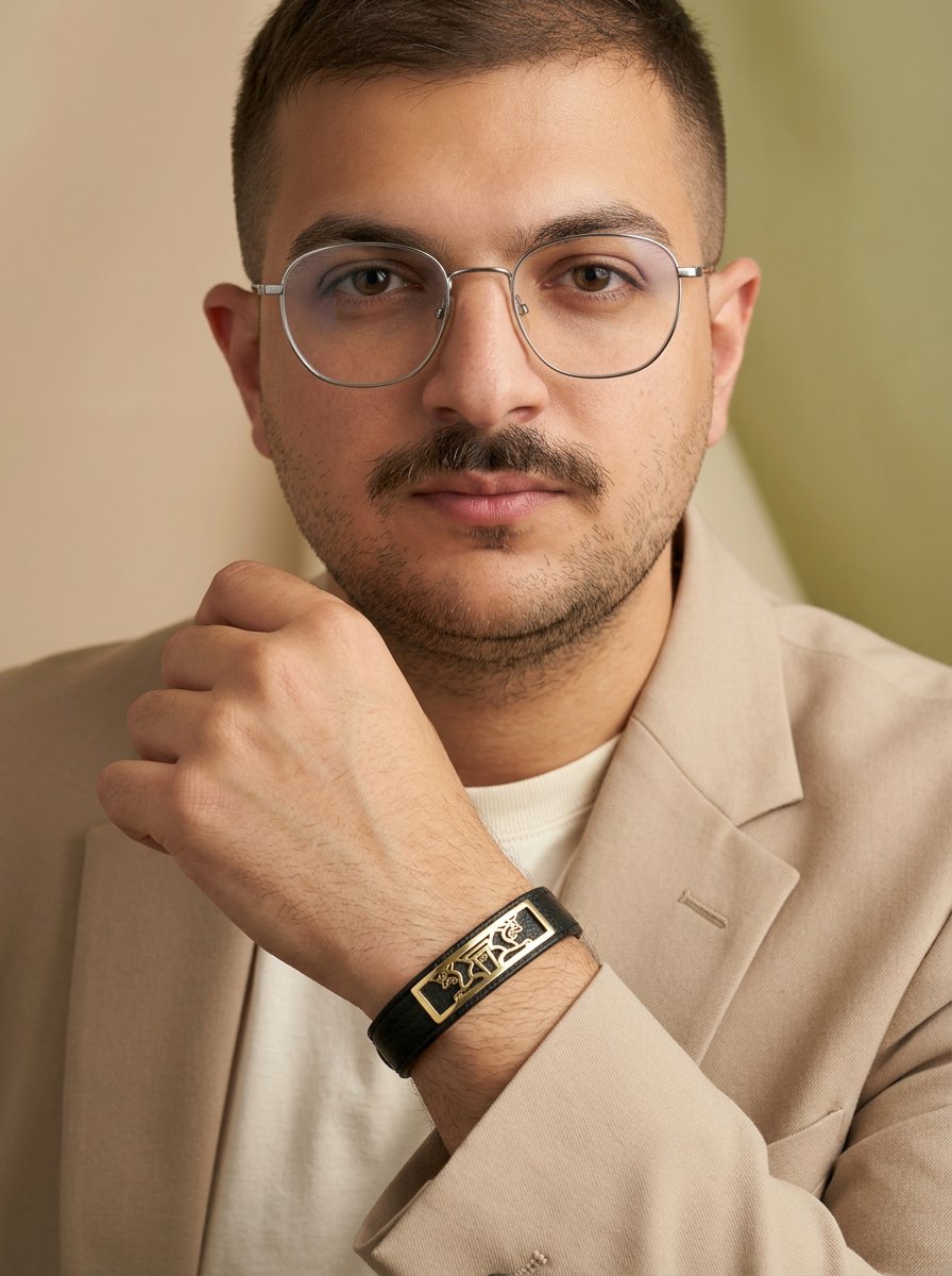 دستبند چرم مردانه طرح تخت جمشید